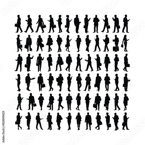 Diverse silhouettes of people in business attire walking