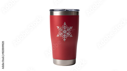 Reusable Christmas tumbler with matte red finish and silver snowflake decals, isolated on white background