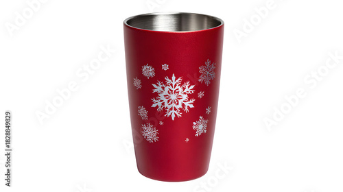 Reusable Christmas tumbler with matte red finish and silver snowflake decals, isolated on white background