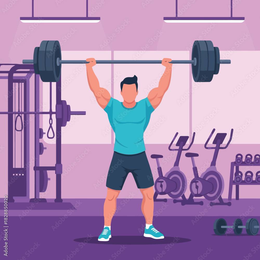 Fototapeta premium Strong man lifting heavy barbell overhead in modern purple toned gym