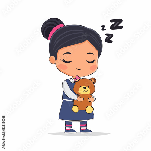 Cute girl sleeping with teddy bear. Vector illustration of child with eyes closed. Brown teddy bear. White background. Sleeping girl with zzz symbol. Cartoon style.