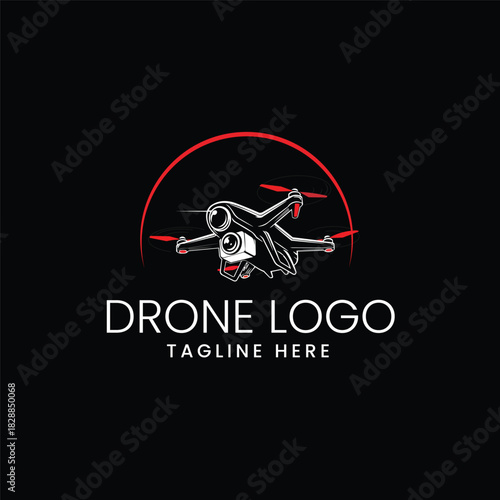 Detailed silhouette of a multi-rotor drone flying in a circular badge Vector logo template