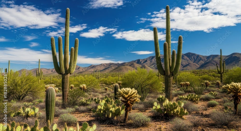 Fototapeta premium Saguaro Cactus Landscape Under Blue Cloudy Sky