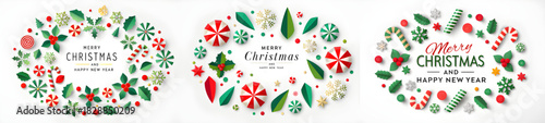 Three christmas wreaths made of paper decorations on a white background with merry christmas text
