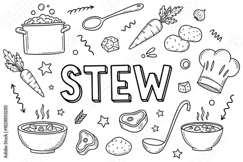 Hand-drawn stew elements: ingredients and cooking utensils illustration