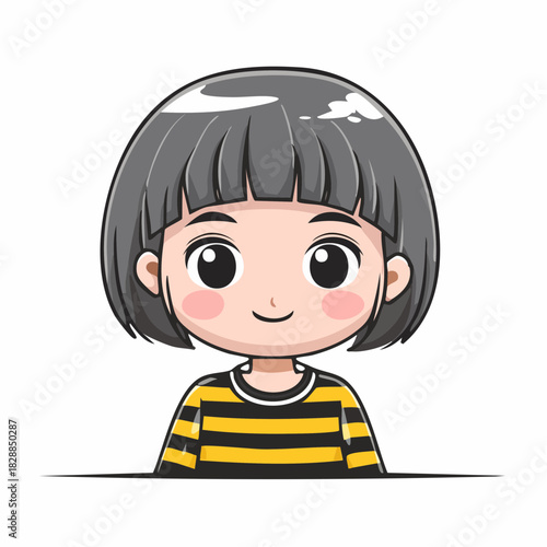 Cartoon girl with gray hair. Vector illustration of a smiling girl. Girl with bob cut hair. Wearing yellow and black striped shirt. Isolated on white background. Simple character design.