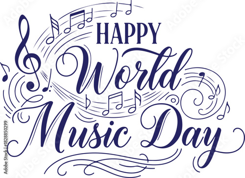 Vector art of happy world music day text with music symbols