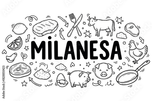 Milanesa ingredients: beef, chicken, pork, eggs, lemon, frying pan, cutlery, animals, doodles