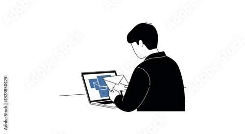 Young woman sitting with laptop in office, working and typing on the keyboard for business communication and web technology