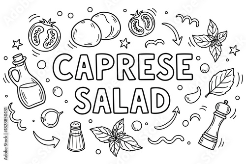 Caprese salad ingredients outline with tomatoes, basil, and olive oil