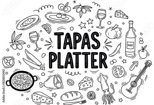 Hand-drawn tapas platter with wine, cheese, and spanish cuisine elements