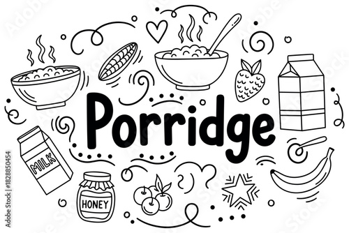 Porridge and ingredients: milk, honey, berries, and banana in black line art