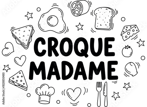 Croque madame ingredients illustration with eggs, bread, and cheese