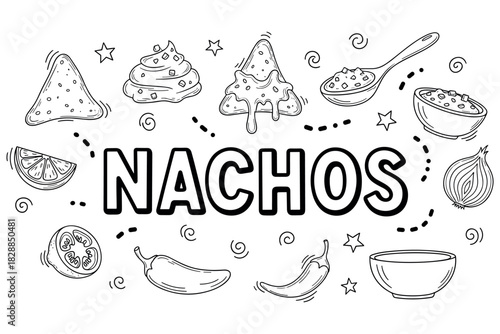 Nachos illustration with tortilla chips, cheese, salsa, and jalapeños