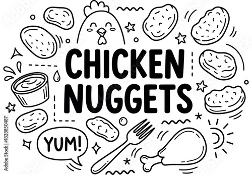 Illustrated chicken nuggets with cute doodles and yum speech bubble