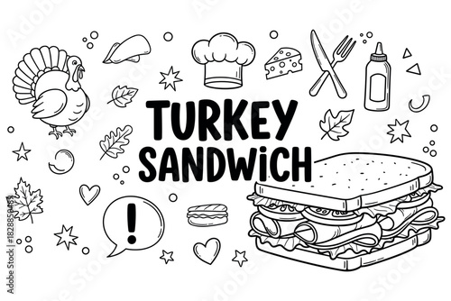 Turkey sandwich doodle art with ingredients and cooking elements