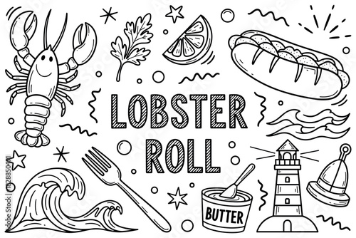 Lobster roll elements: lighthouse, butter, lemon, herb, fork, wave doodles