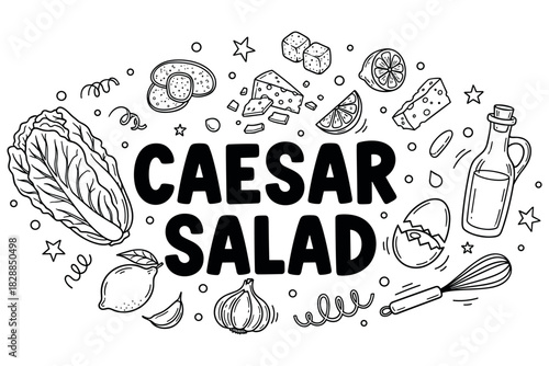 Caesar salad ingredients: romaine, lemon, parmesan, garlic, croutons, egg, dressing