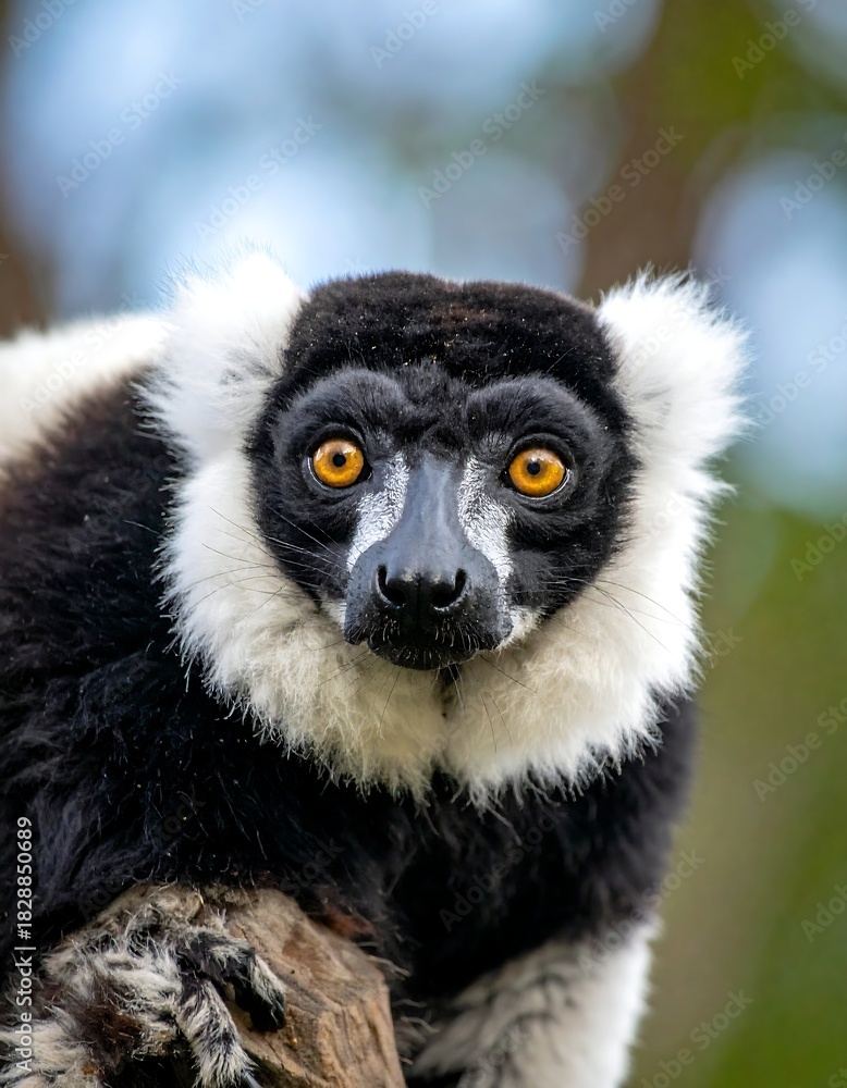 Fototapeta premium A close-up portrait of a lemur with striking black, white, and brown fur, and big yellow eyes, peering forward
