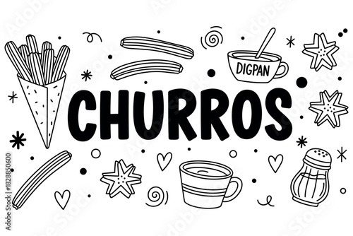 Churros and hot chocolate sketch with churro cone and cinnamon in black and white