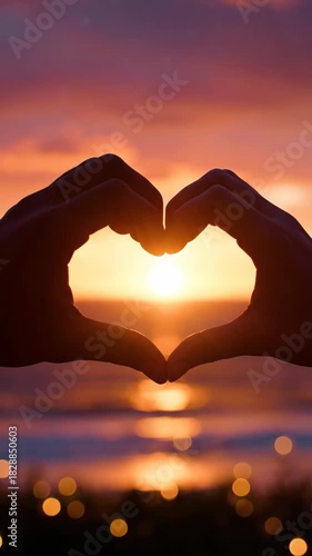 Hand making heart shape silhouette at sunset, love concept, romantic gesture, beautiful sky background, vertical 9:16 background for social media stories
