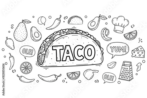 Black and white taco doodle with mexican food elements
