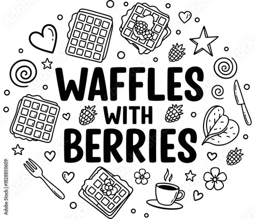 Decorative waffles with berries illustration with fun doodles
