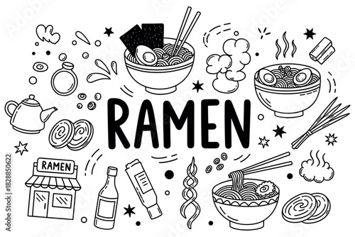 Ramen doodle art with noodles, chopsticks, and ingredients in black and white
