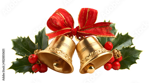 Classic Christmas Bells with a Red Bow and Holly Accents  isolated on white background