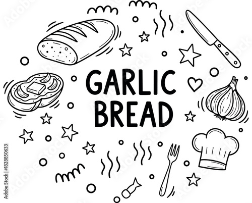 Garlic bread doodles with bread, butter, and kitchen utensils