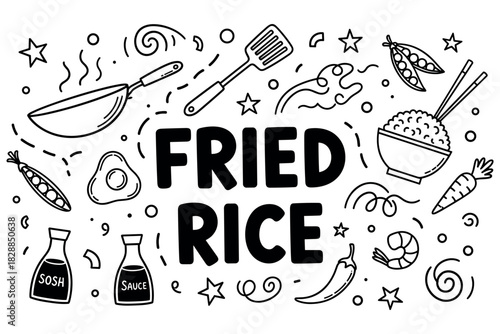Fried rice cooking ingredients and utensils with fun doodles