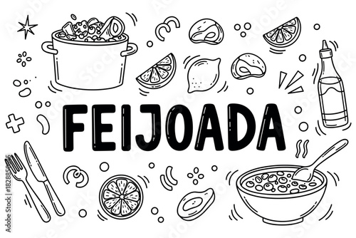 Hand-drawn feijoada elements and ingredients with text in black and white