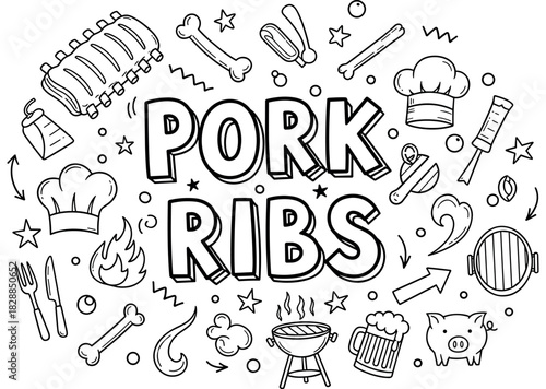Pork ribs bbq elements with chef hats and grills in doodle style
