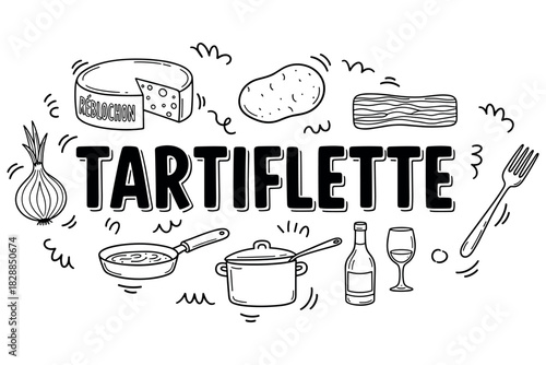 Tartiflette ingredients illustration: cheese, potato, bacon, wine, onion, cooking pan, fork
