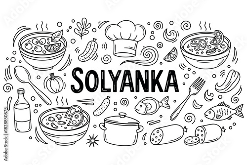Doodle of solyanka ingredients and cooking utensils illustrated in black and white