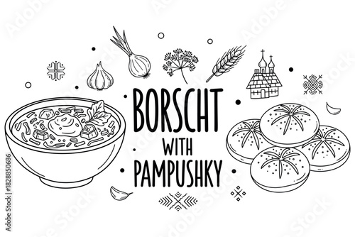 Borscht with pampushky: traditional ukrainian cuisine illustration