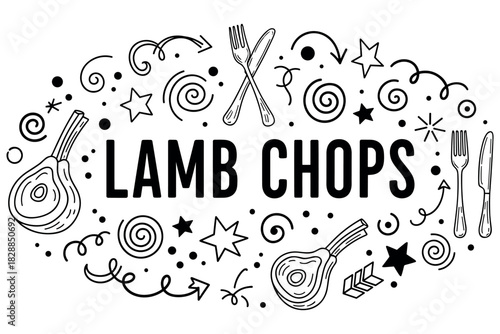 Lamb chops design with forks, knives, stars, swirls, and arrows in black and white