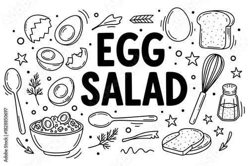 Hand-drawn egg salad ingredients with whisk, bread, and seasoning