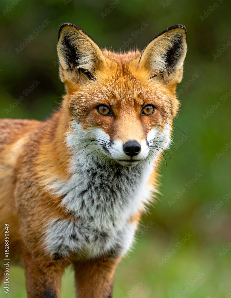 Fototapeta premium A close-up portrait of a red fox, its alert gaze and vibrant fur contrasting against a blurred green backdrop. The creature's features are sharply defined