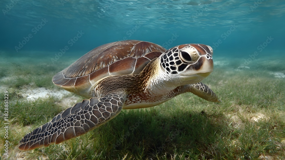 Obraz premium A majestic sea turtle swims gracefully through clear blue ocean waters over a bed of green seagrass
