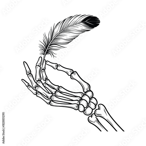 Skeleton hand holding a feather quill pen