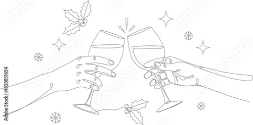 Elegant line art of hands toasting wine glasses for a festive holiday celebration