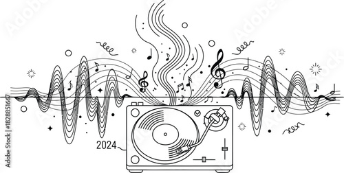 Turntable illustration with musical notes and sound waves in black and white art
