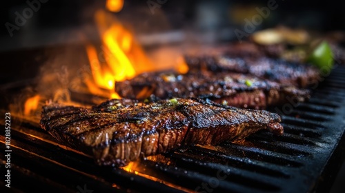 Several steaks are sizzling on a grill surrounded by bright flames. It is a warm summer evening and the smoke adds to the lively atmosphere of a backyard barbecue.