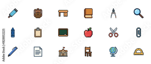 Colorful pixel art icons of school supplies including backpack, books, and globe