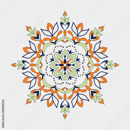 Vibrant intricate mandala with symmetrical floral and geometric patterns in orange, green, and blue, forming a decorative spiritual motif