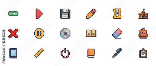 Pixel art icons: education and technology symbols collection