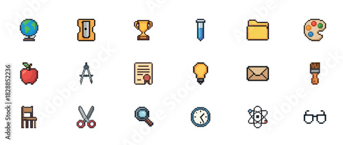 Pixel art school icons: globe, pencil sharpener, trophy, pen, folder, palette, apple, compass, certificate, bulb, envelope, paintbrush, chair, scissors, magnifying glass, clock, atom, glasses