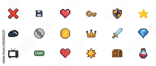Pixel art icons: heart, key, sword, shield, coin, crown, gem, sun, tv, floppy disc, potion, treasure chest