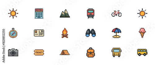 Pixel art travel icons: sun, hotel, mountains, train, bicycle, compass, fire, binoculars, tent
